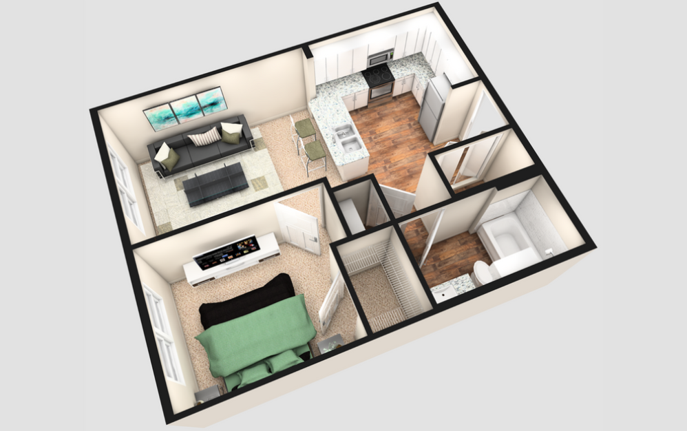 A - 1 bedroom floorplan layout with 1 bath and 560 square feet. (3D)