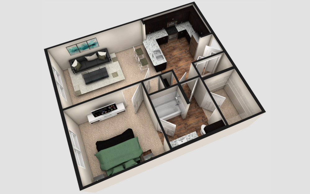 A1 - 1 bedroom floorplan layout with 1 bath and 730 square feet. (Espresso Finish / 3D)