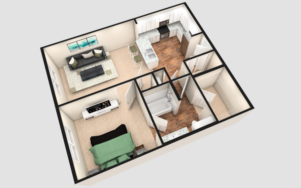 A1 - 1 bedroom floorplan layout with 1 bath and 730 square feet. (White Finish / 3D)