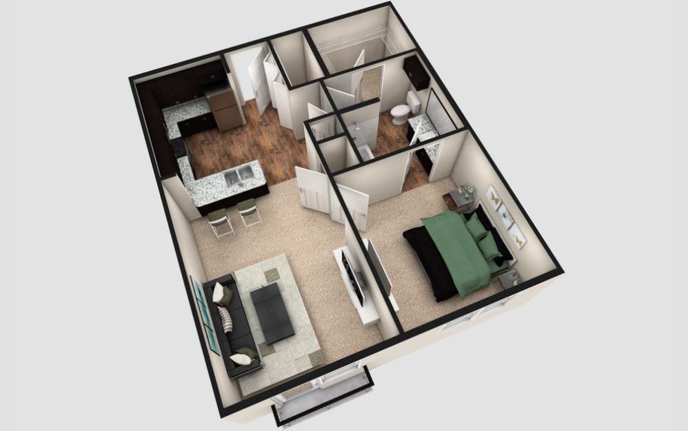 A1J - 1 bedroom floorplan layout with 1 bath and 740 square feet. (Espresso Finish / 3D)