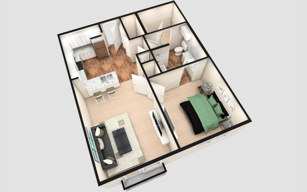 A1J - 1 bedroom floorplan layout with 1 bath and 740 square feet. (White Finish / 3D)