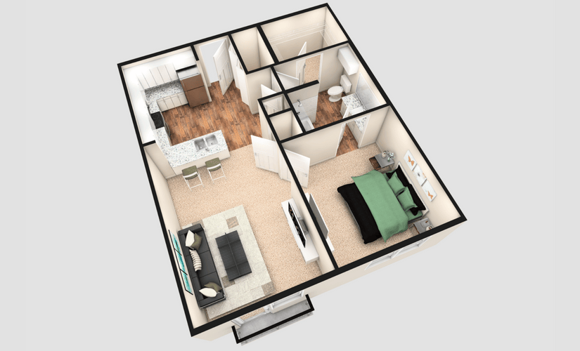 A1J - 1 bedroom floorplan layout with 1 bathroom and 740 square feet