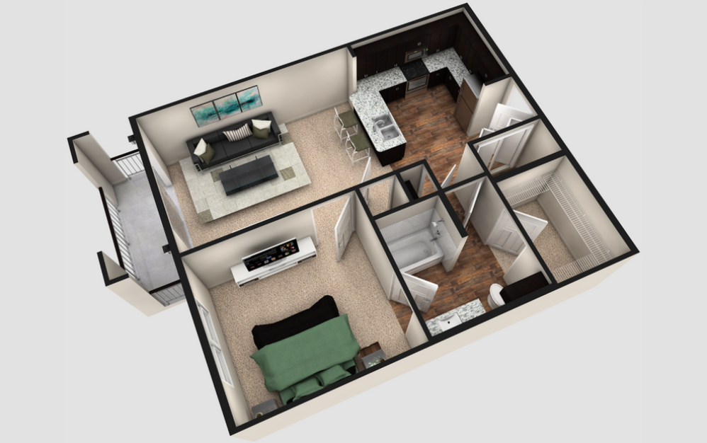 A1T - 1 bedroom floorplan layout with 1 bath and 790 square feet. (Espresso Finish / 3D)