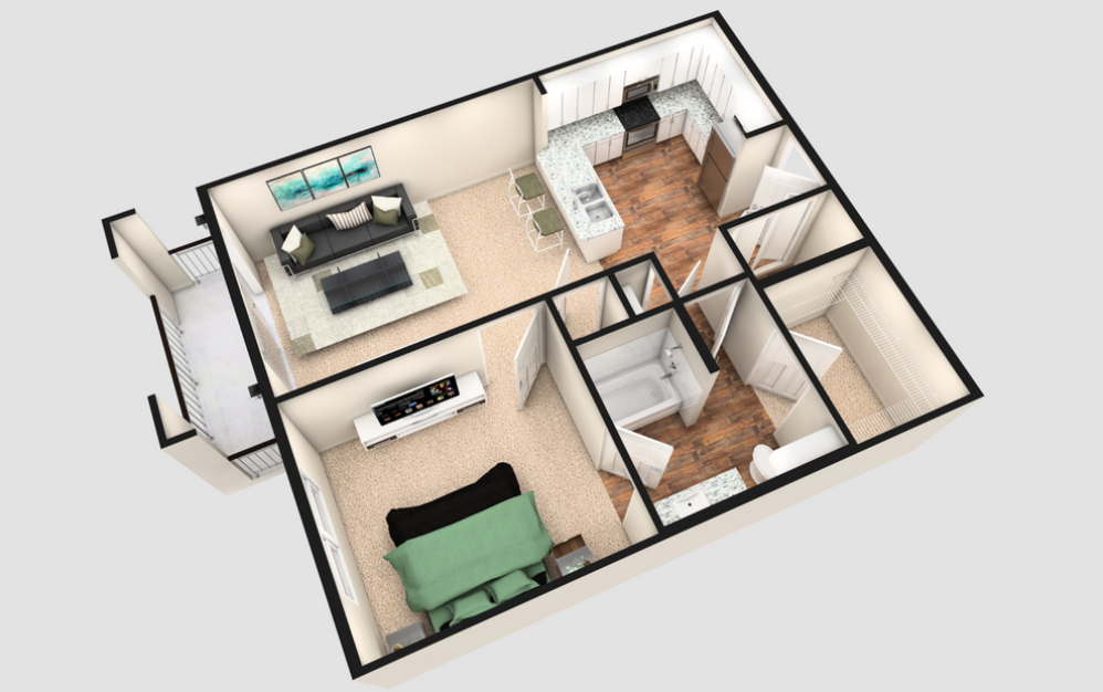 A1T - 1 bedroom floorplan layout with 1 bath and 790 square feet. (White Finish / 3D)