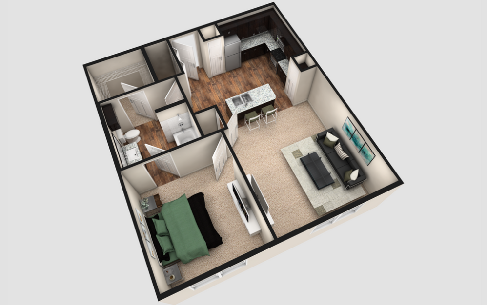 A2 - 1 bedroom floorplan layout with 1 bath and 780 square feet. (Espresso Finish / 3D)