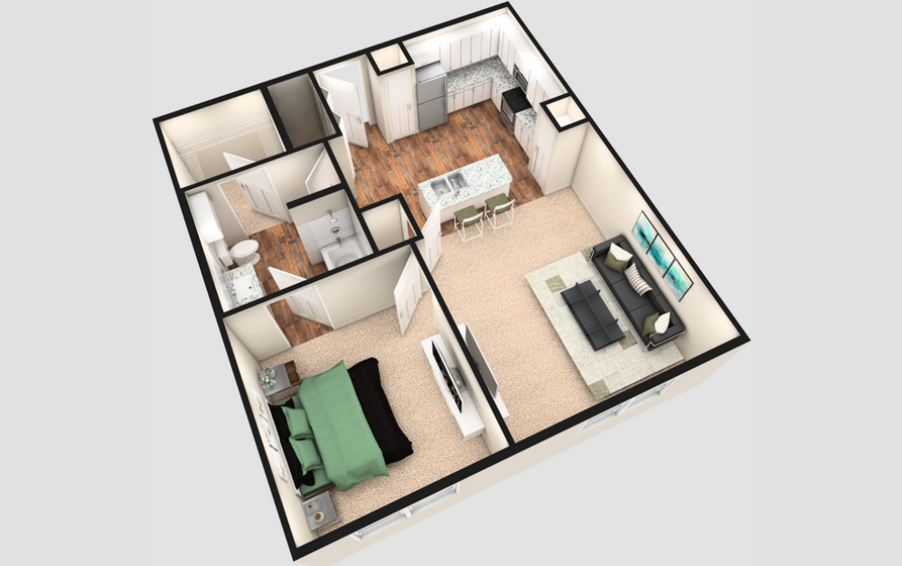 A2 - 1 bedroom floorplan layout with 1 bath and 780 square feet. (White Finish / 3D)