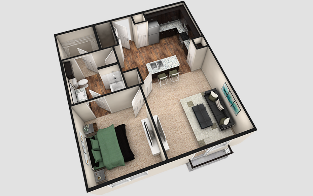 A2J - 1 bedroom floorplan layout with 1 bath and 790 square feet. (Espresso Finish / 3D)