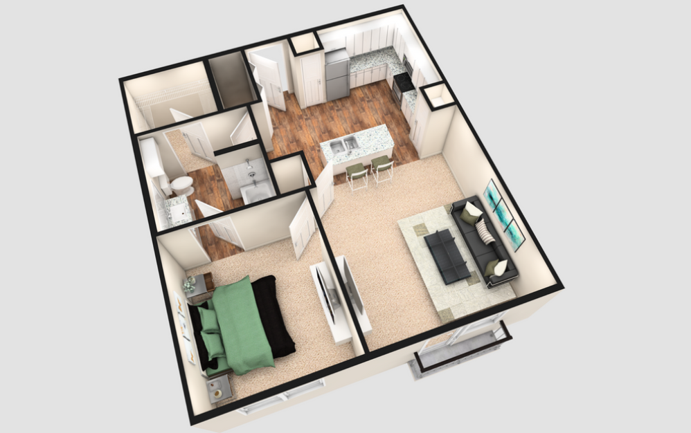 A2J - 1 bedroom floorplan layout with 1 bath and 790 square feet. (White Finish / 3D)