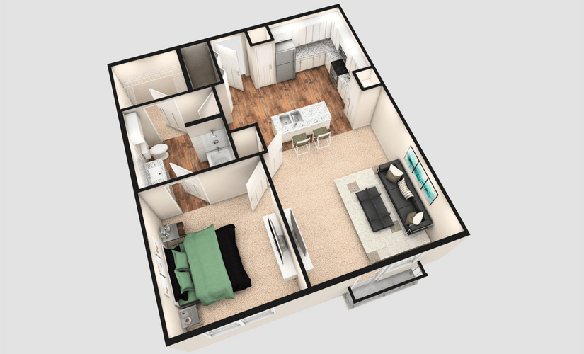 A2J - 1 bedroom floorplan layout with 1 bathroom and 790 square feet