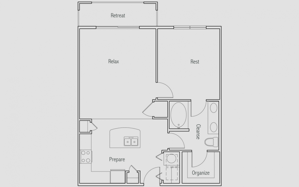 A2T - 1 bedroom floorplan layout with 1 bath and 840 square feet. (2D)
