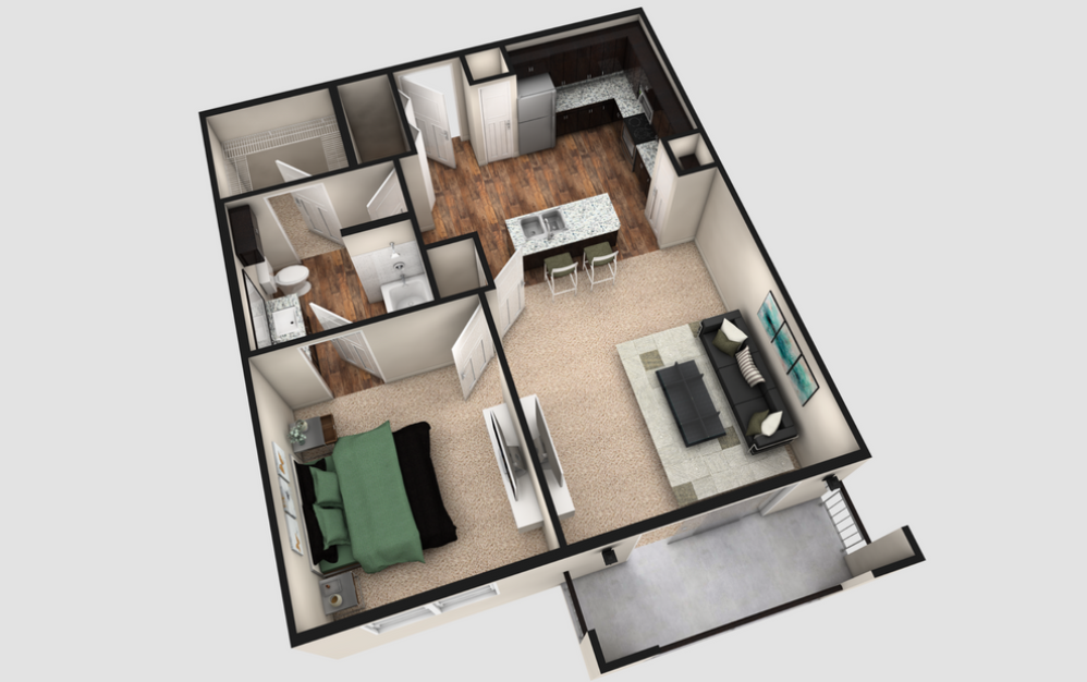 A2T - 1 bedroom floorplan layout with 1 bath and 840 square feet. (Espresso Finish / 3D)