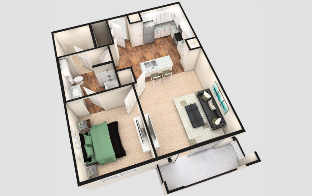 A2T - 1 bedroom floorplan layout with 1 bath and 840 square feet. (White Finish / 3D)