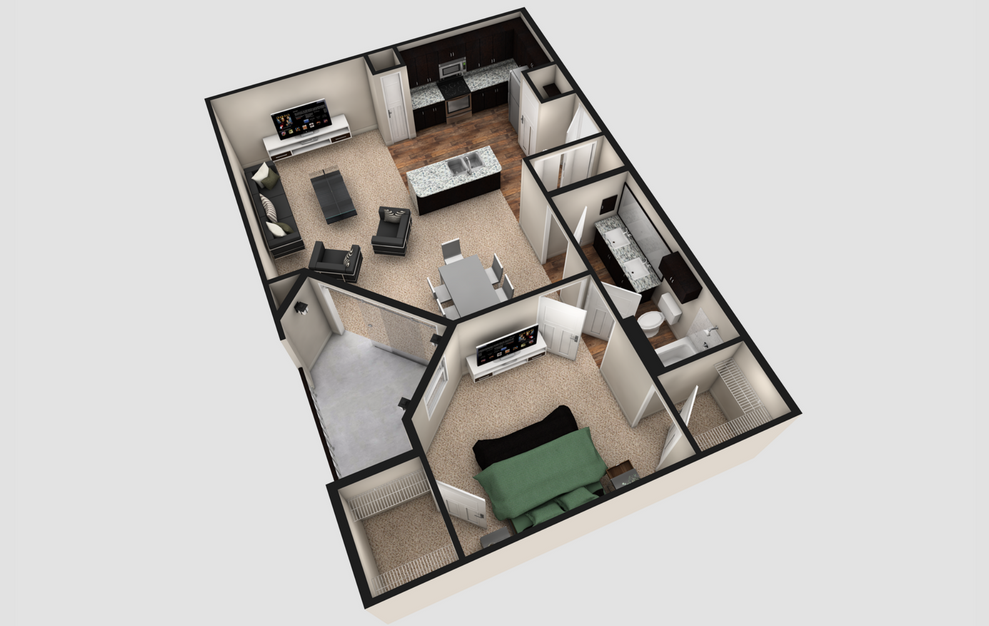 A3T - 1 bedroom floorplan layout with 1 bath and 920 square feet. (Espresso Finish / 3D)
