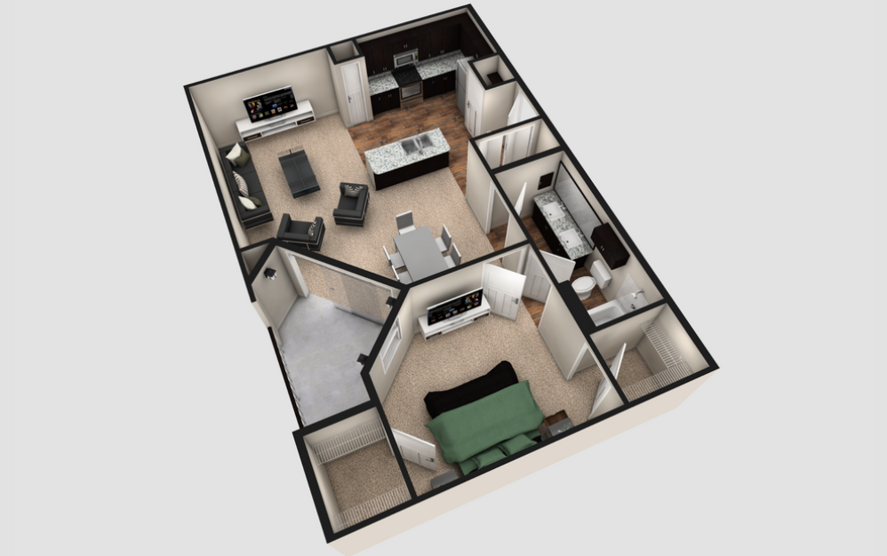 A3T - 1 bedroom floorplan layout with 1 bath and 920 square feet. (Espresso Finish / 3D)