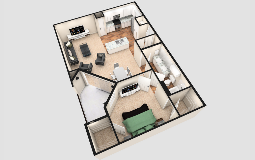 A3T - 1 bedroom floorplan layout with 1 bath and 920 square feet. (White Finish / 3D)