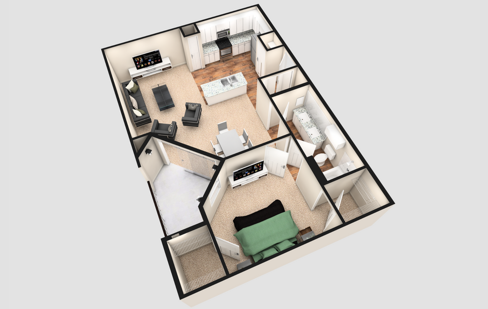 A3T - 1 bedroom floorplan layout with 1 bath and 920 square feet. (White Finish / 3D)