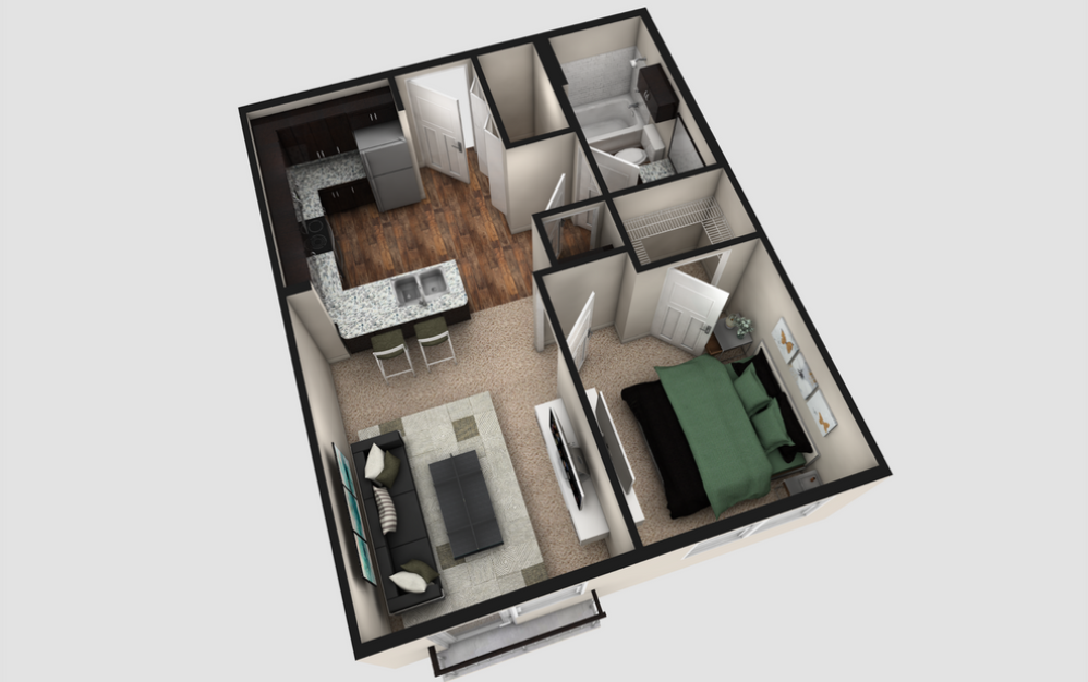 AJ - 1 bedroom floorplan layout with 1 bath and 570 square feet. (Espresso Finish / 3D)