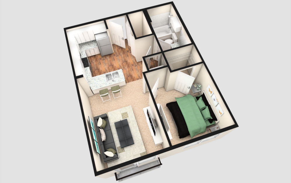 AJ - 1 bedroom floorplan layout with 1 bath and 570 square feet. (White Finish / 3D)