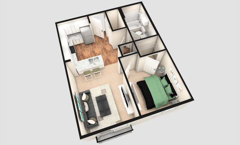AJ - 1 bedroom floorplan layout with 1 bathroom and 570 square feet