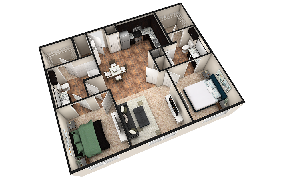 B1 - 2 bedroom floorplan layout with 2 baths and 1010 square feet. (3D)