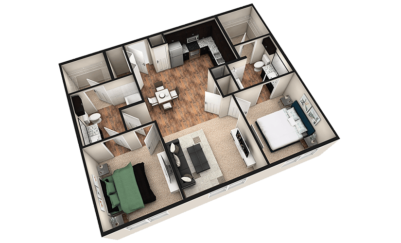 B1 - 2 bedroom floorplan layout with 2 bathrooms and 1010 square feet