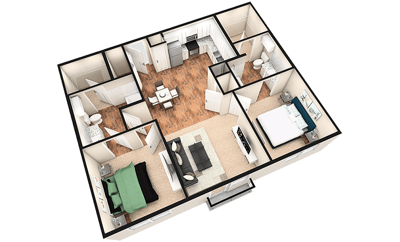 B1J - 2 bedroom floorplan layout with 2 bathrooms and 1020 square feet