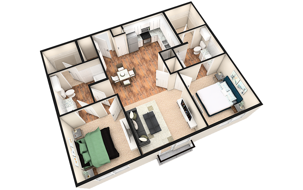 B1J - 2 bedroom floorplan layout with 2 baths and 1020 square feet. (3D)