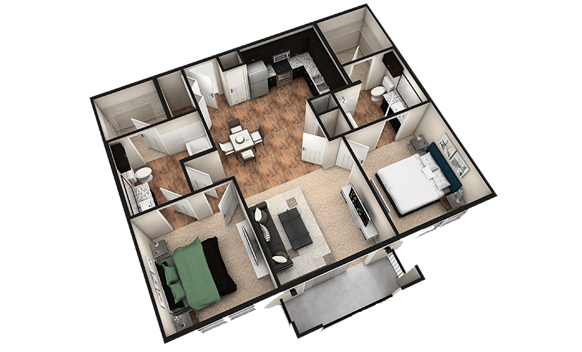 B1T - 2 bedroom floorplan layout with 2 bathrooms and 1070 square feet