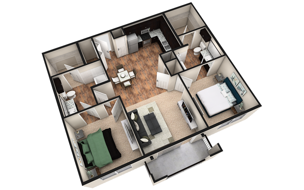 B1T - 2 bedroom floorplan layout with 2 baths and 1070 square feet. (3D)