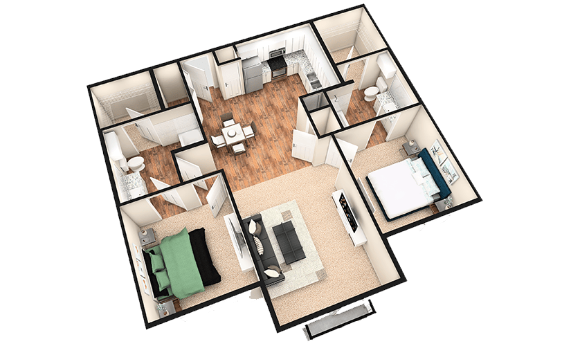 B1XJ - 2 bedroom floorplan layout with 2 bathrooms and 1080 square feet
