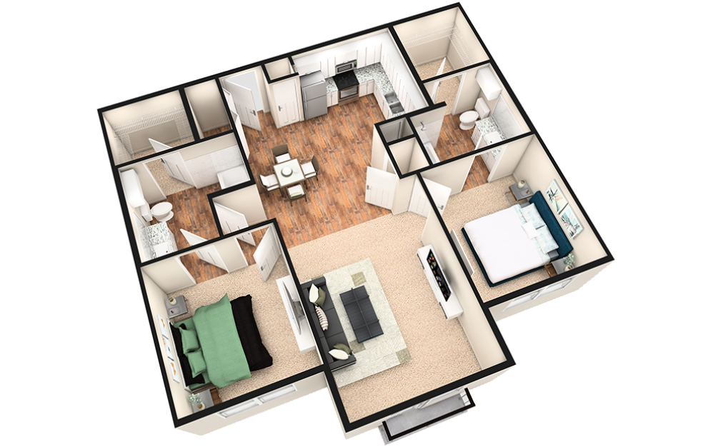 B1XJ - 2 bedroom floorplan layout with 2 baths and 1080 square feet. (3D)