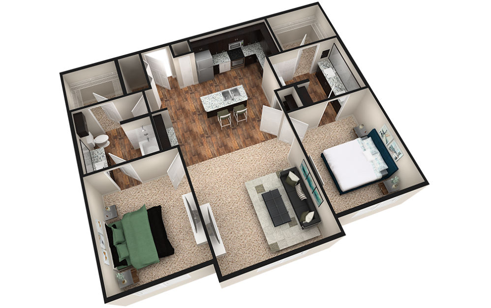 B2 - 2 bedroom floorplan layout with 2 baths and 1180 square feet. (Espresso Finish / 3D)