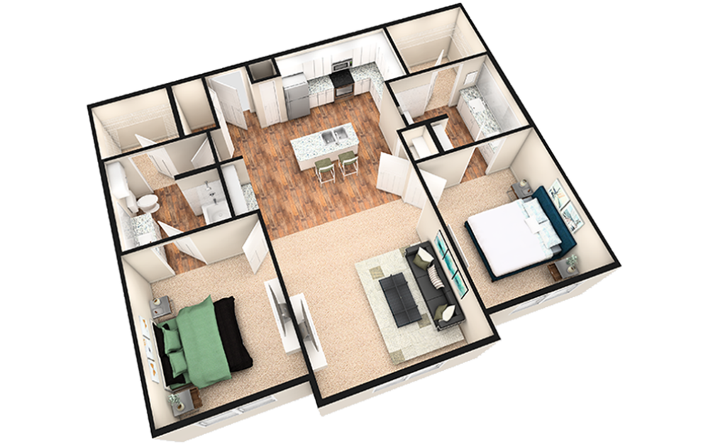 B2 - 2 bedroom floorplan layout with 2 baths and 1180 square feet. (White Finish / 3D)