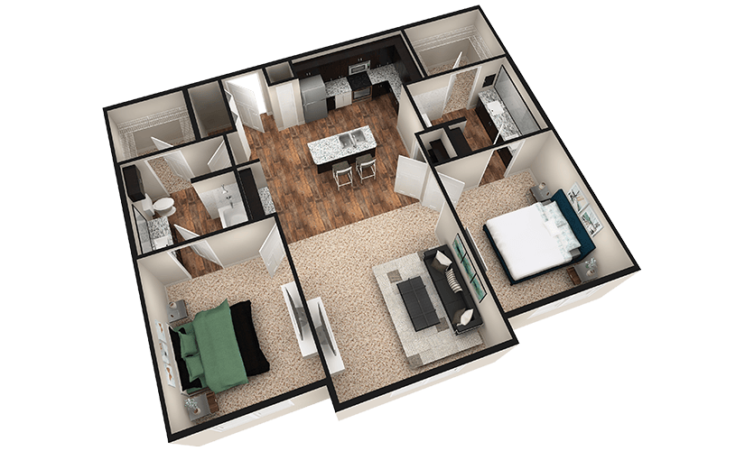 B2 - 2 bedroom floorplan layout with 2 bathrooms and 1180 square feet