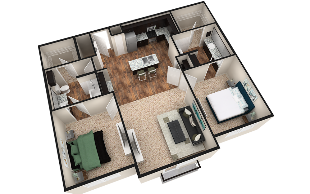 B2J - 2 bedroom floorplan layout with 2 baths and 1190 square feet. (Espresso Finish / 3D)