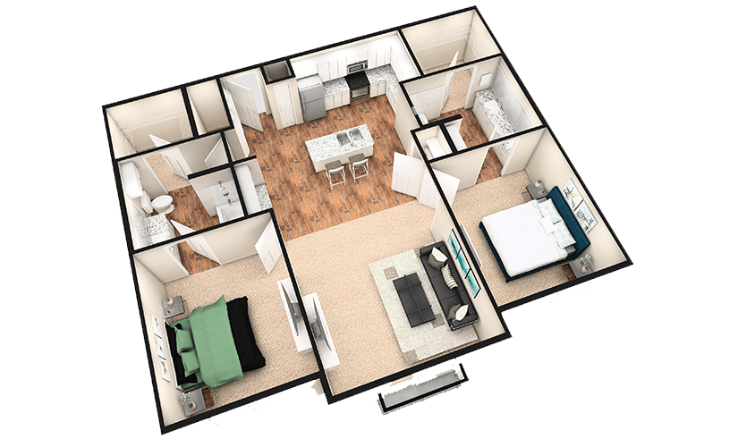 B2J - 2 bedroom floorplan layout with 2 bathrooms and 1190 square feet