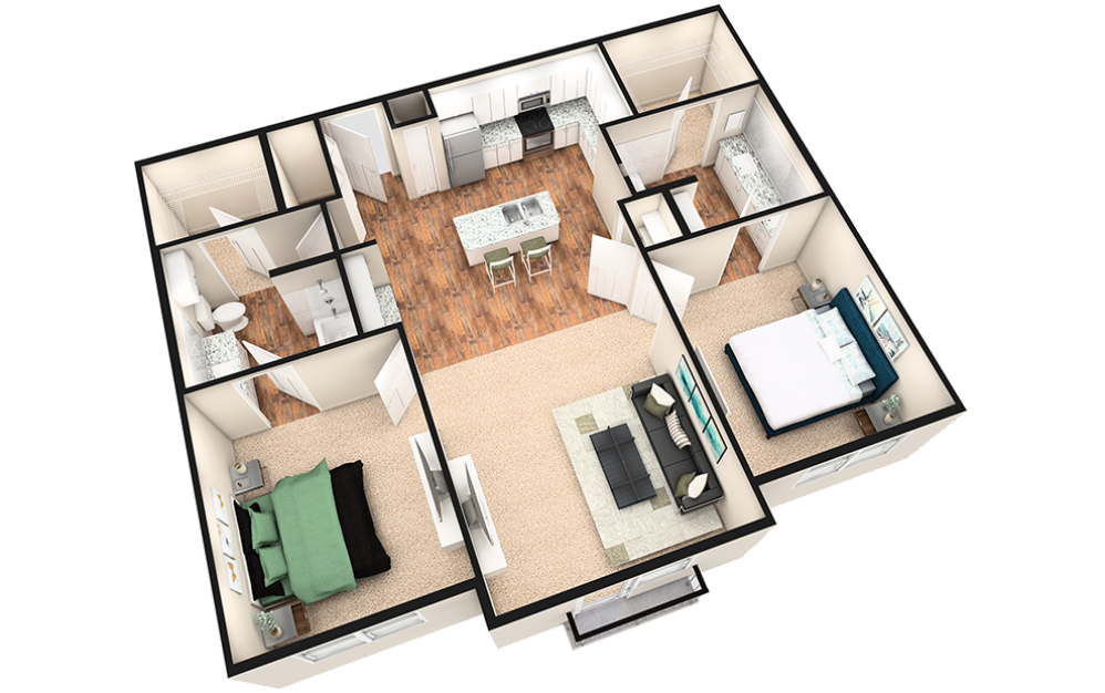 B2J - 2 bedroom floorplan layout with 2 baths and 1190 square feet. (White Finish / 3D)