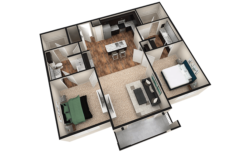 B2T - 2 bedroom floorplan layout with 2 bathrooms and 1240 square feet