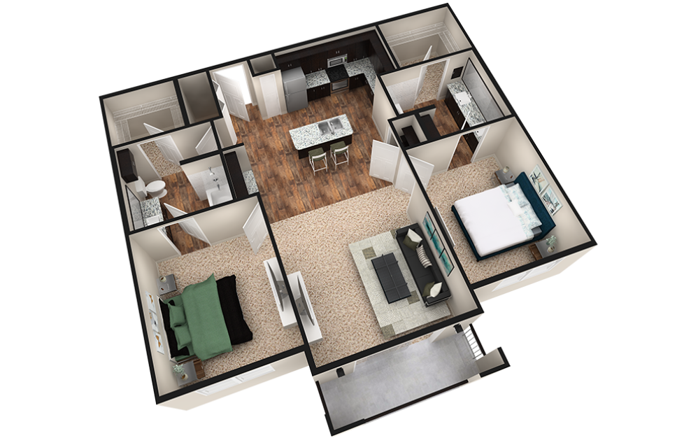 B2T - 2 bedroom floorplan layout with 2 baths and 1240 square feet. (Espresso Finish / 3D)