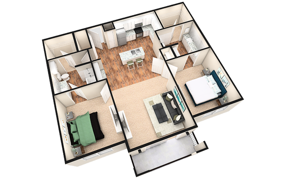 B2T - 2 bedroom floorplan layout with 2 baths and 1240 square feet. (White Finish / 3D)