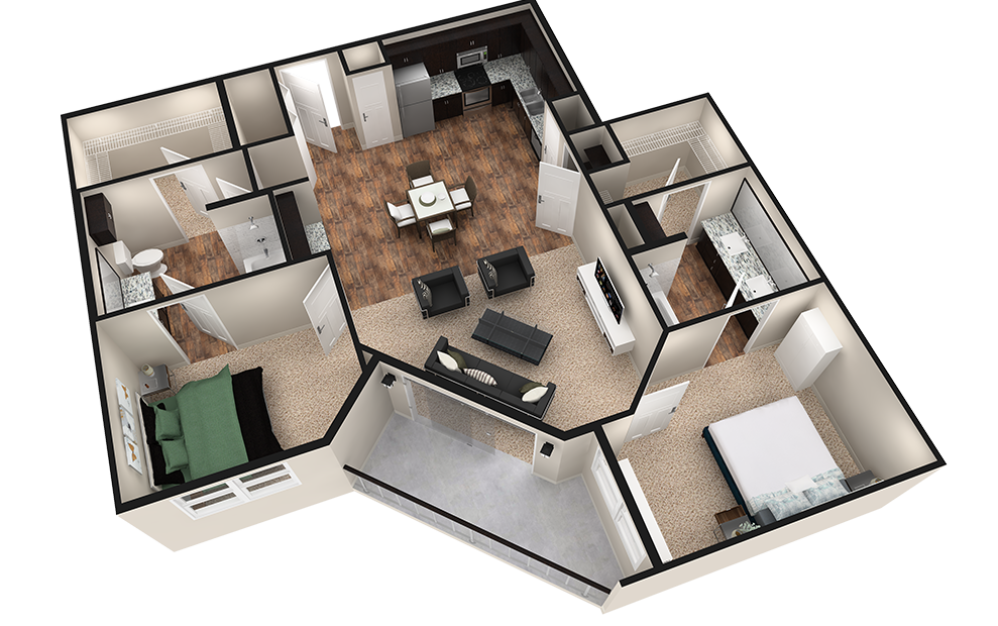 B3T - 2 bedroom floorplan layout with 2 baths and 1260 square feet. (Espresso Finish / 3D)