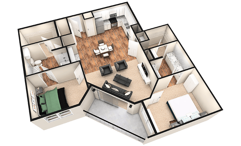 B3T - 2 bedroom floorplan layout with 2 bathrooms and 1260 square feet