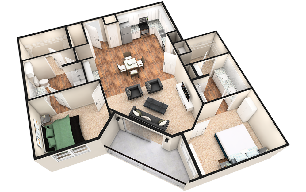 B3T - 2 bedroom floorplan layout with 2 baths and 1260 square feet. (White Finish / 3D)