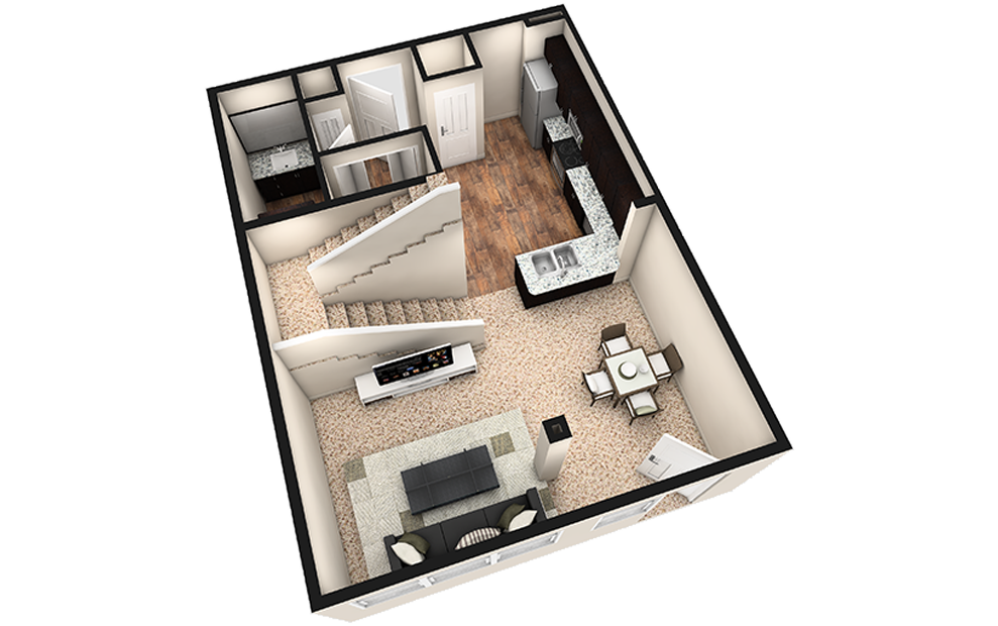 L1 - 1 bedroom floorplan layout with 1.5 bath and 1030 square feet. (Espresso Finish 1st Floor / 3D)