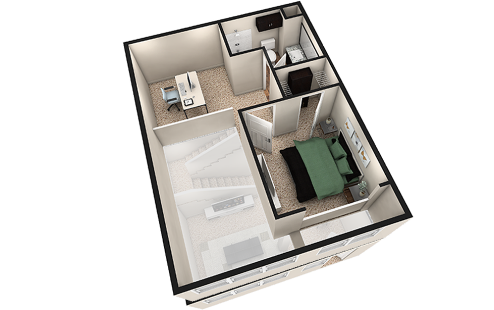 L1 - 1 bedroom floorplan layout with 1.5 bath and 1030 square feet. (Espresso Finish 2nd Floor / 3D)