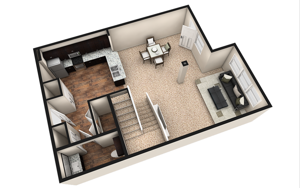 L2 - 1 bedroom floorplan layout with 1.5 bath and 1180 square feet. (Espresso Finish 1st Floor / 3D)