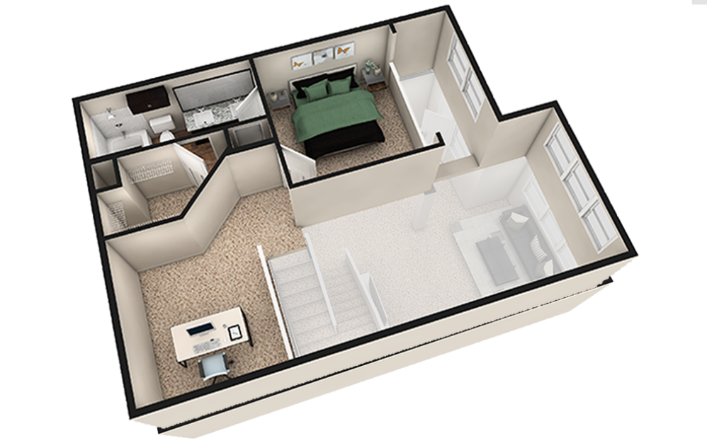 L2 - 1 bedroom floorplan layout with 1.5 bath and 1180 square feet. (Espresso Finish 2nd Floor / 3D)