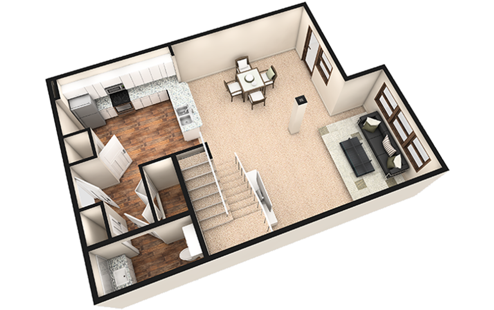 L2 - 1 bedroom floorplan layout with 1.5 bath and 1180 square feet. (White Finish 1st Floor / 3D)