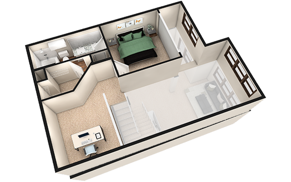 L2 - 1 bedroom floorplan layout with 1.5 bath and 1180 square feet. (White Finish 2nd Floor / 3D)