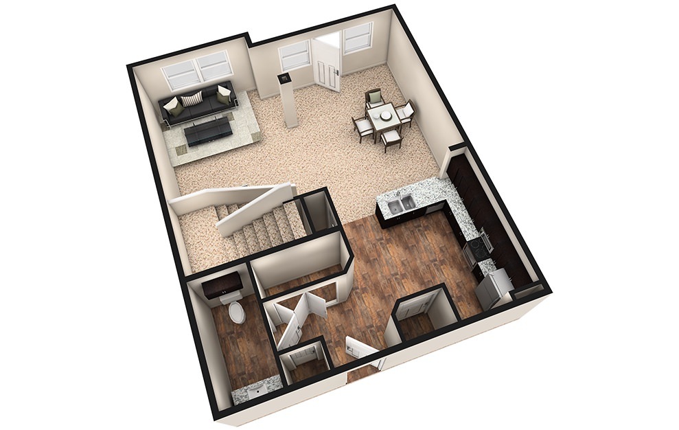 L3 - 1 bedroom floorplan layout with 1.5 bath and 1240 square feet. (Espresso Finish 1st Floor / 3D)